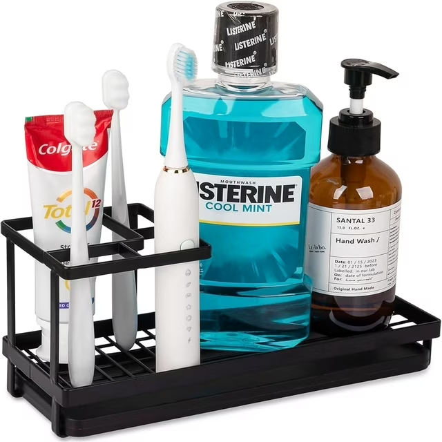 Toothbrush Holders for Bathrooms, 4 Slots Rustproof Metal Tooth Brushing Organizer with Drainage, Electric Tooth Brush Toothpaste Holder for Bathroom Countertop, Black
