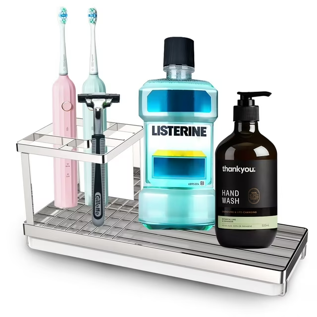 Toothbrush Holders for Bathrooms, 4 Slots Rustproof Metal Tooth Brushing Organizer with Drainage, Electric Tooth Brush Toothpaste Holder for Bathroom Countertop, Black