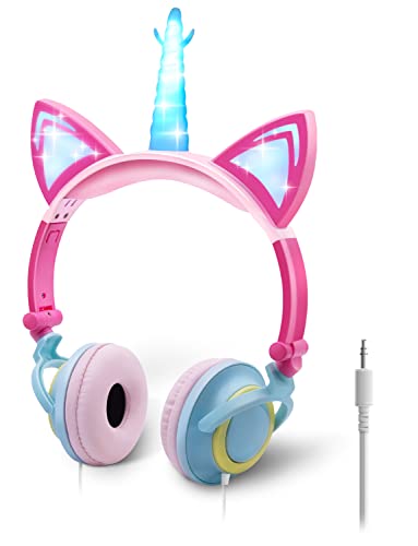 ONTA Kids Headphones with Cute LED Glowing Unicorn Cat Ears,Foldable, Noise-Canceling and Adjustable Kids Headphones for Boys and Girls Travel Holiday Birthday Gifts…