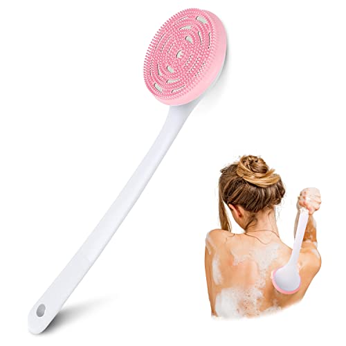 PINGKO Silicone Back Scrubber for Shower Bath Body Sponge Brush with Extra Long Non-Slip Handle Acne Exfoliating Brush with Soft Bristle for All Skin Back Cleaning Wash for Men Women