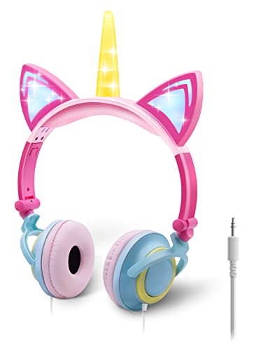 ONTA Kids Headphones with Cute LED Glowing Unicorn Cat Ears,Foldable, Noise-Canceling and Adjustable Kids Headphones for Boys and Girls Travel Holiday Birthday Gifts…