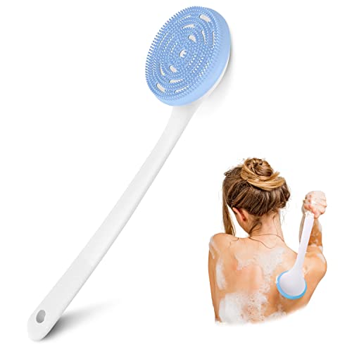 PINGKO Silicone Back Scrubber for Shower Bath Body Sponge Brush with Extra Long Non-slip Handle Acne Exfoliating Brush with Soft Bristle for All Skin Back Cleaning Wash for Men Women