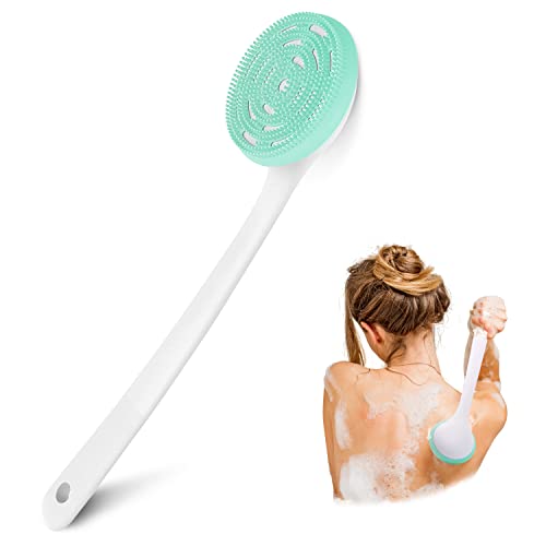 PINGKO Silicone Back Scrubber for Shower Bath Body Sponge Brush with Extra Long Non-slip Handle Acne Exfoliating Brush with Soft Bristle for All Skin Back Cleaning Wash for Men Women
