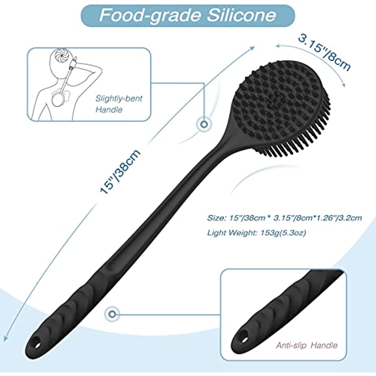 ManmiHealth Silicone Back Scrubber for Shower(New-Version), Body Scrubber with 15'' Long Handle, Light & Easy-to-Hold Shower Brush for Skin Exfoliating and Massaging, Not Good in Lathering.(Black)