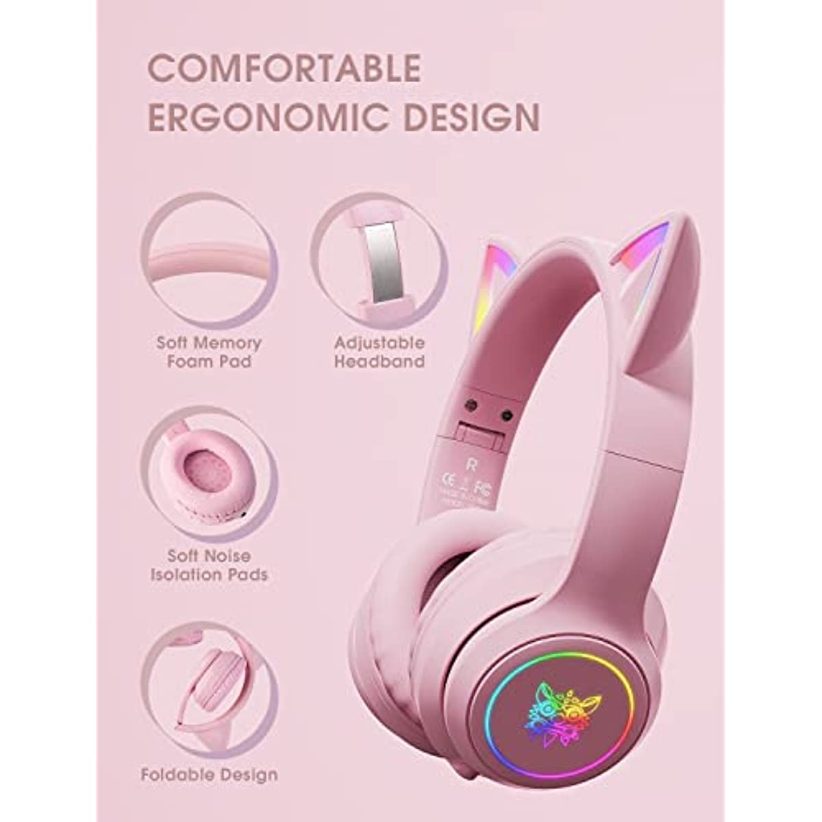 ONITOON Cat Ear Bluetooth Headphones with Micphone for Kids & Adults, LED Light Up Wireless HI-FI Sound Quality, Over-Ear Headphones with Volume Control for iPhone/iPad/Laptop/PC(55H Play Time)
