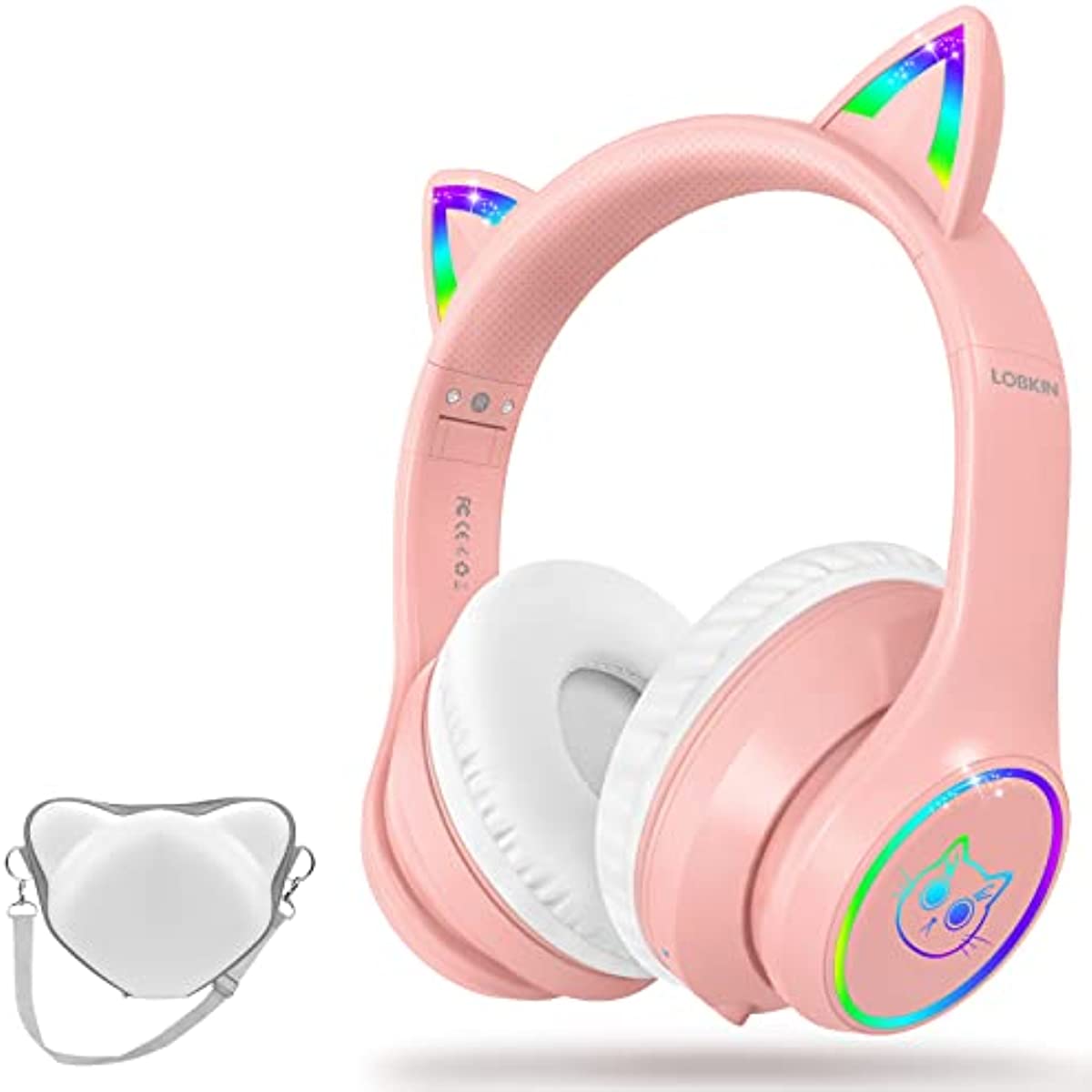 LOBKIN Bluetooth 5.1 Kids Headphones with Case - RGB LED Light Up Cat Ears Foldable Adjustable On-Ear Headset Support Wireless or 3.5mm Wired Mode for Toddler & Girls & Boys Teens (Pink)