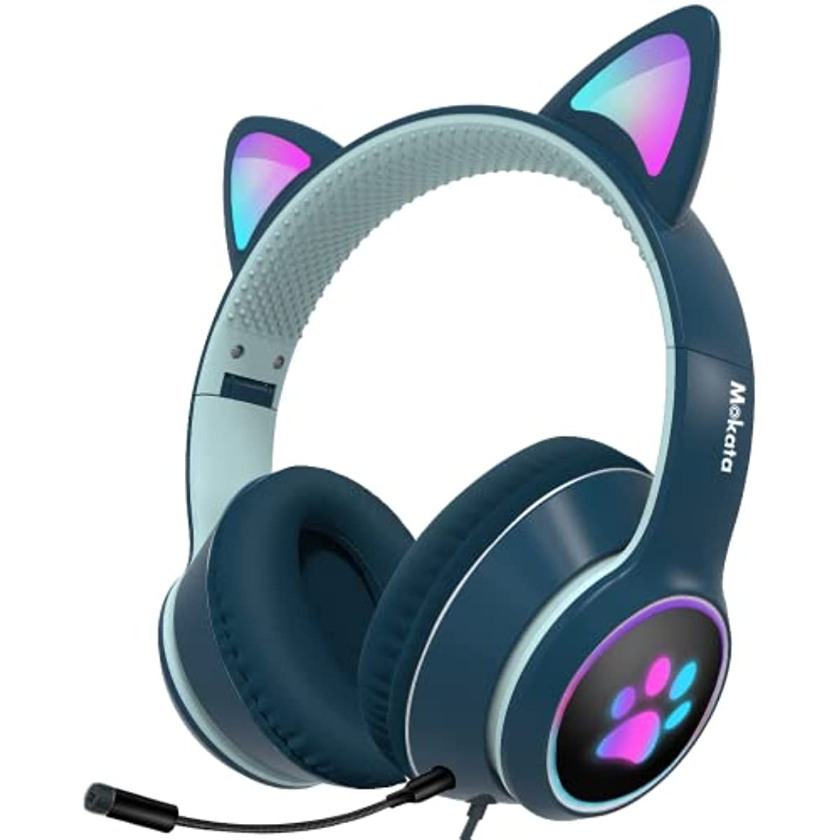 Mokata Gaming Headphone Wired AUX 3.5mm Over Ear Cat LED Light Fit Adult & Kids Foldable Stereo Headset Earmuffs with Microphone for PC PS4 Game Cellphone Laptop Pad H02 Navy Blue