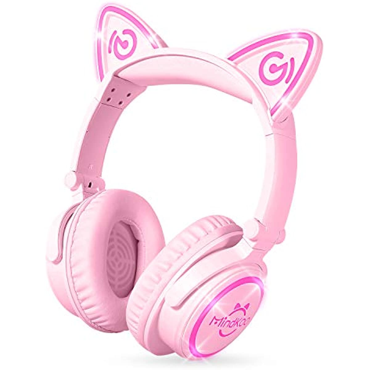 Mindkoo Cat Ear Bluetooth Headphones Pink, LED Light Up Over Ear Wireless Headphones with Microphone, Comfort Foldable Headset for Kids & Adults