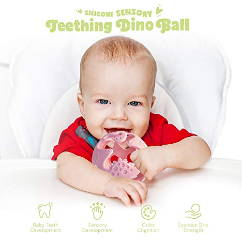 Ashtonbee Dino Baby Teething Toys, Food-Grade Silicone Teethers for Babies, Textured Sensory Balls Teething Toy, Soft and Safe Sensory Chew Toys for Teething Baby, Easy to Clean and Store, Green