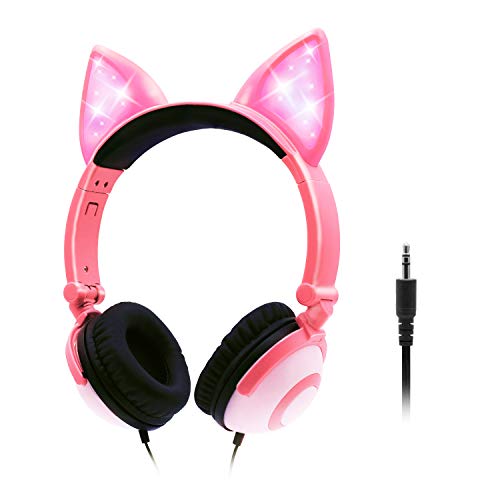 ONTA Kids Headphones with Cute LED Glowing Cat Ears,Foldable, Noise-Canceling and Adjustable Toddlers Headphones for Boys and Girls