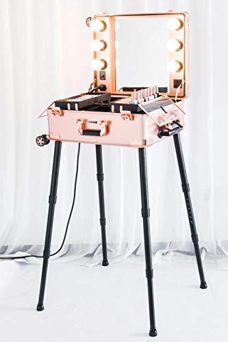 Kemier Makeup Case,Professional Artist Studio Cosmetic Train Table w/4 Rolling Wheels & Lights & Mirror,Pro Makeup Station,Cover Board and Easy Clean Extendable Trays,Adjustable Legs,Sturdy