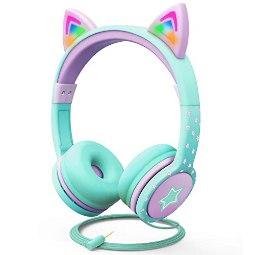 FosPower Kids Headphones with LED Cat Ears, 3.5mm On-Ear Wired Headset with Laced Cables for iPad/Smartphones/PC/Kindle/Tablet/Laptop/School (Max Volume 85dB) - Hot Pink/Purple