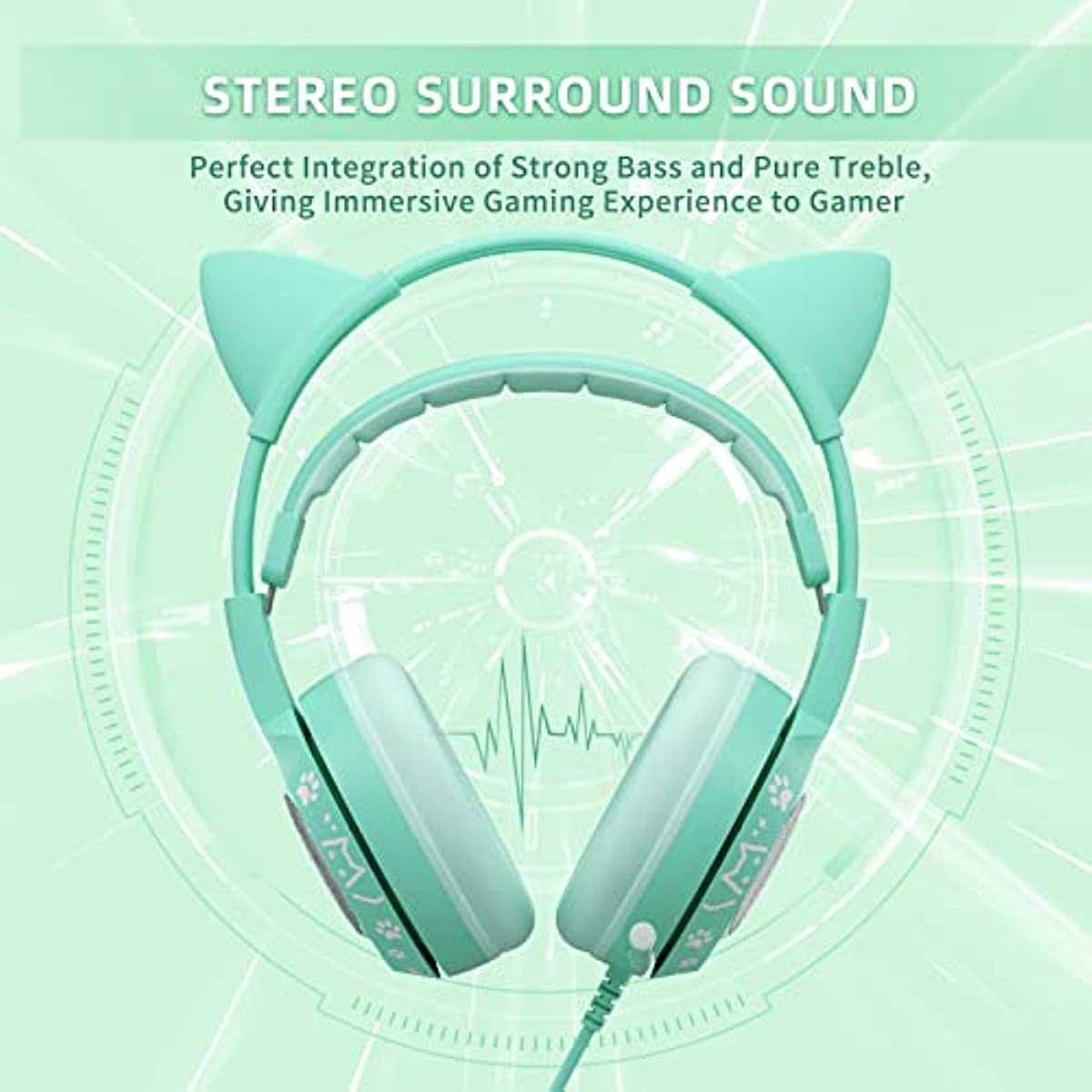 SOMIC G951S Green Gaming Headset with Microphone for PS4, PS5, Xbox One, PC, Cat Ear Headphones Over Ear with in-Line Mic Control, Stereo Sound for Girls, Woman