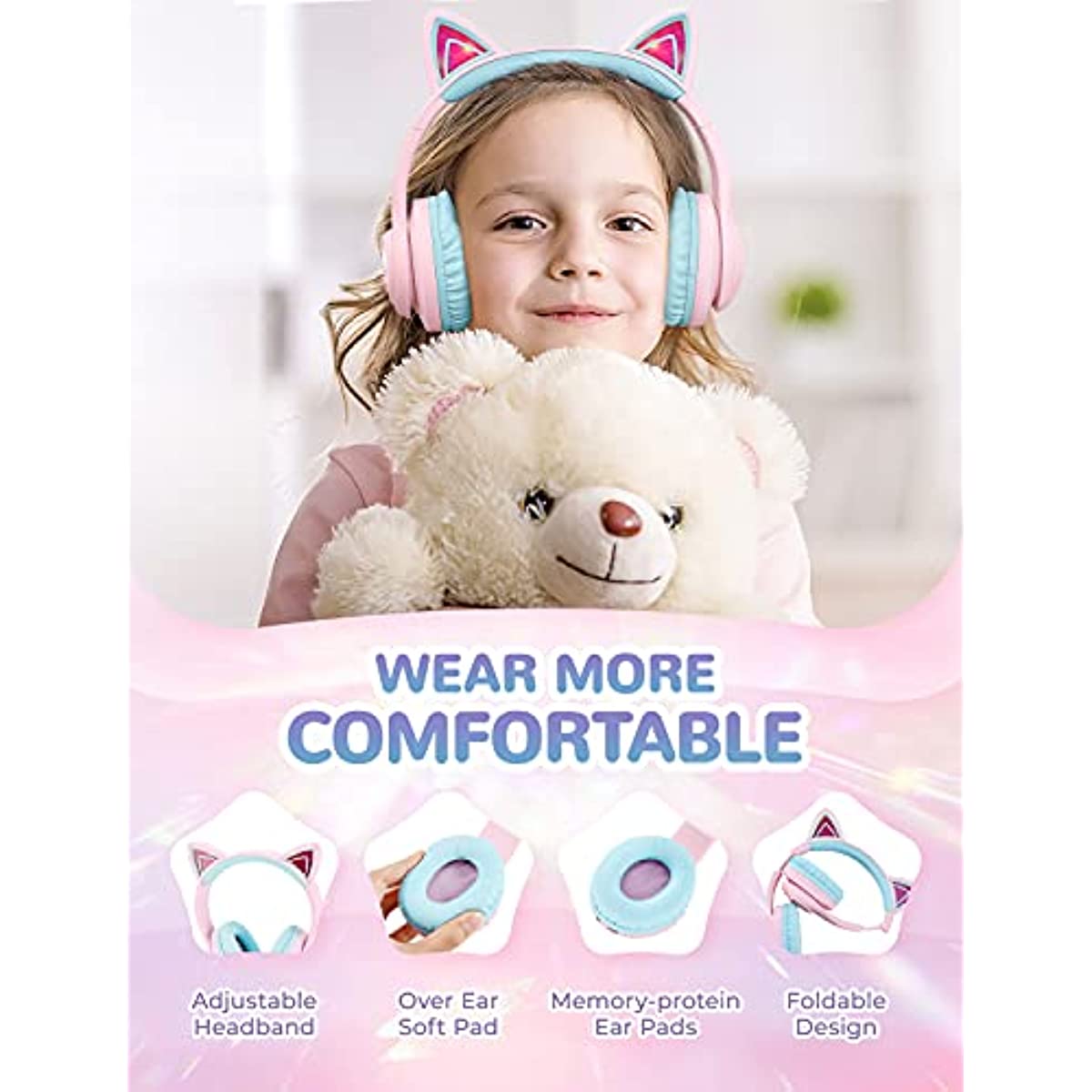 iClever Cat Ear Kids Bluetooth Headphones,LED Light Up On Ear Kids Wireless Headphones with Mic,74/85/94dB Volume Limited,50H Playtime,Bluetooth 5.2,Pink Headphones for iPad/Tablet/PC/Travel,BTH13