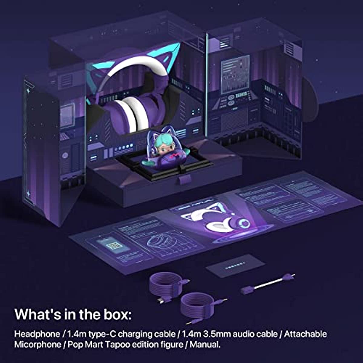 YOWU Cat Ear Headphones Limited Edition. Customized Package with TAPOO Toy. Wireless & Wired Gaming Headset with Attachable HD Microphone, Customizable Lighting via APP
