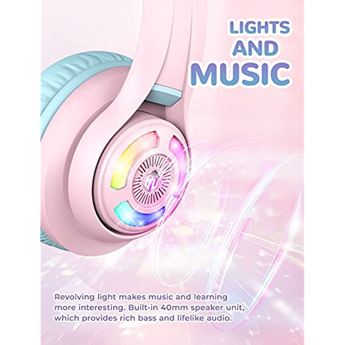 iClever Cat Ear Kids Bluetooth Headphones,LED Light Up On Ear Kids Wireless Headphones with Mic,74/85/94dB Volume Limited,50H Playtime,Bluetooth 5.2,Pink Headphones for iPad/Tablet/PC/Travel,BTH13