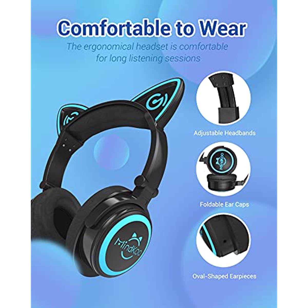 MindKoo Cat Ear Bluetooth Headphones with Microphone, LED Light Up Over Ear Headphones, Volume Control and Foldable Headset for Tablet/PC/iPad/Cell Phones, Gift for Kids Boys & Girls