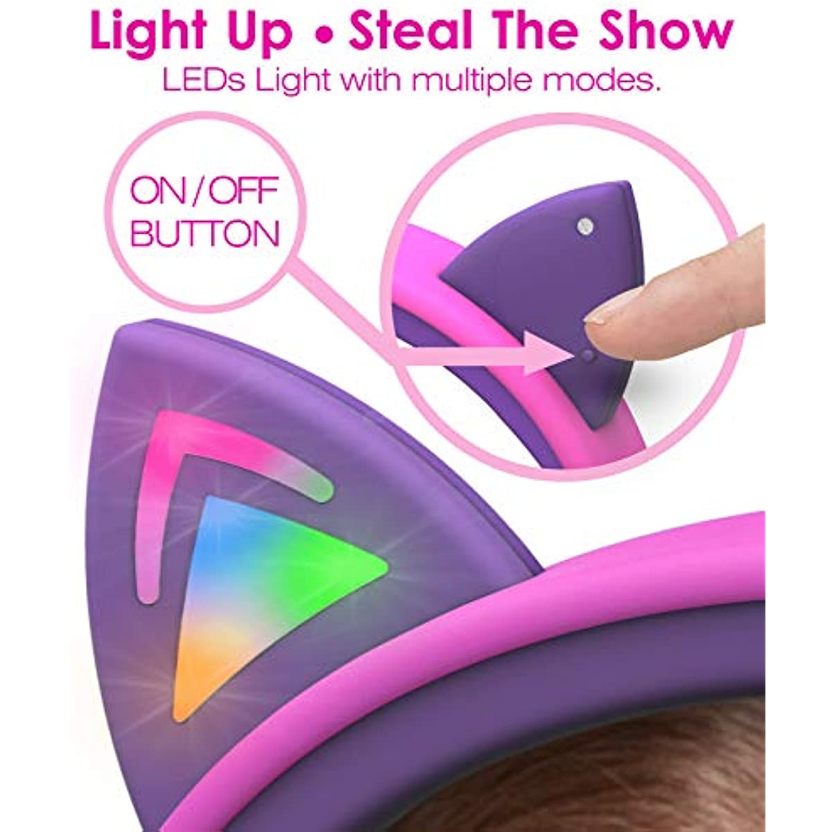 FosPower Kids Headphones with LED Cat Ears, 3.5mm On-Ear Wired Headset with Laced Cables for iPad/Smartphones/PC/Kindle/Tablet/Laptop/School (Max Volume 85dB) - Hot Pink/Purple