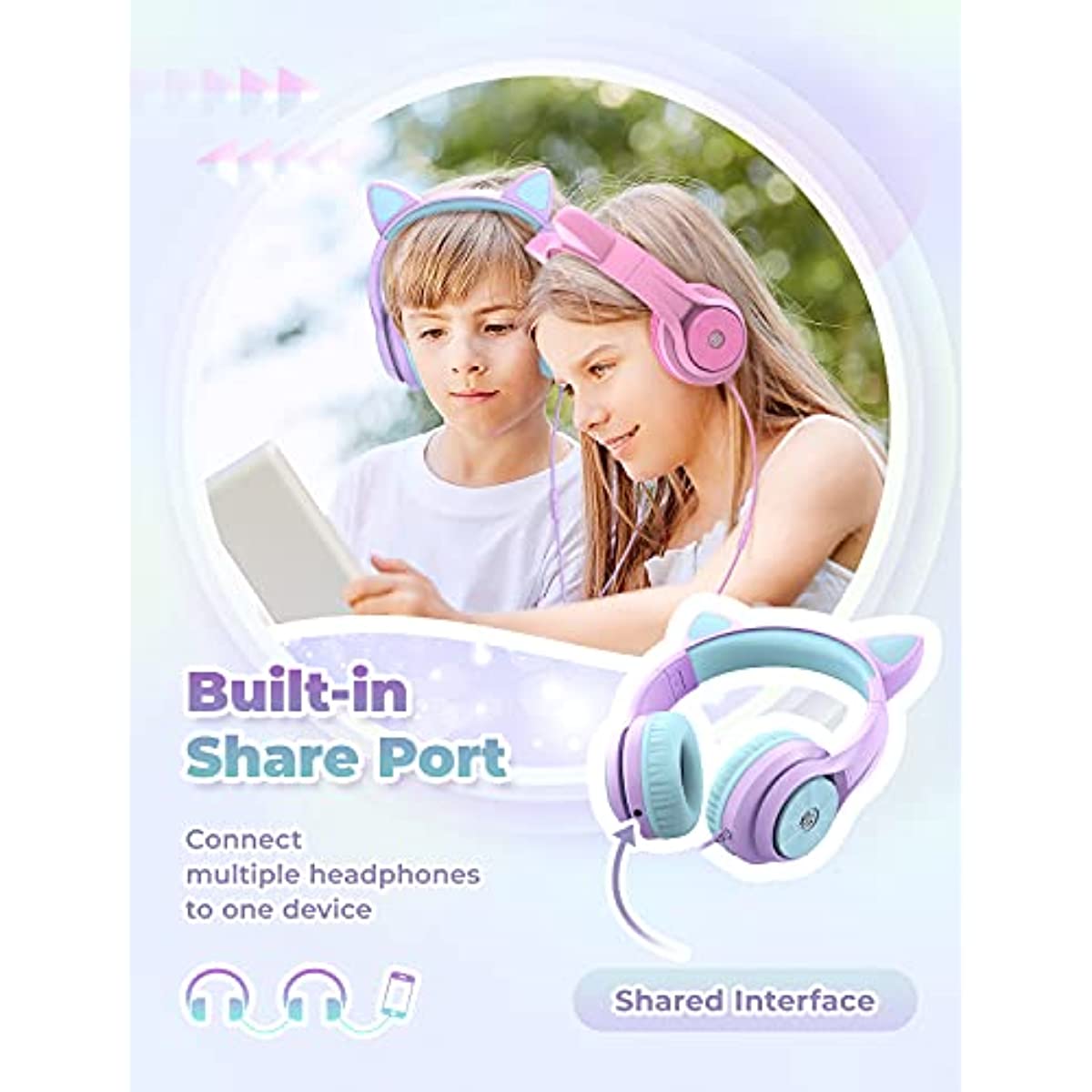 Cat Ear Led Light Up Kids Headphones with Microphone, iClever HS20 Wired Headphones -Shareport- 94dB Volume Limited, Foldable Over-Ear Headphones for Kids/School/iPad/Kids Tablet/Travel (light Purple)