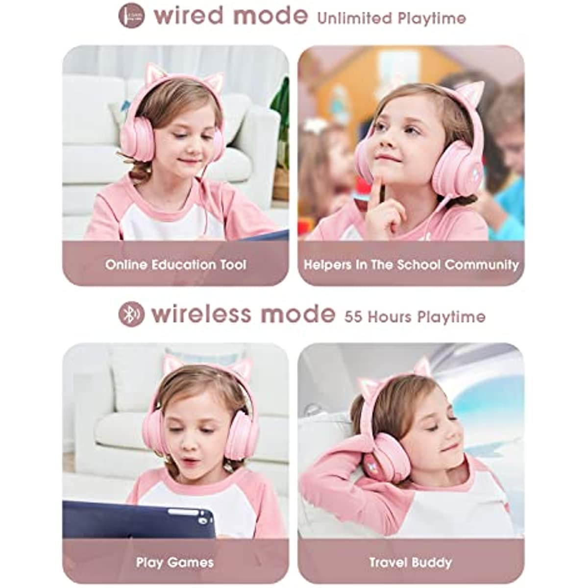 ONITOON Cat Ear Bluetooth Headphones with Micphone for Kids & Adults, LED Light Up Wireless HI-FI Sound Quality, Over-Ear Headphones with Volume Control for iPhone/iPad/Laptop/PC(55H Play Time)