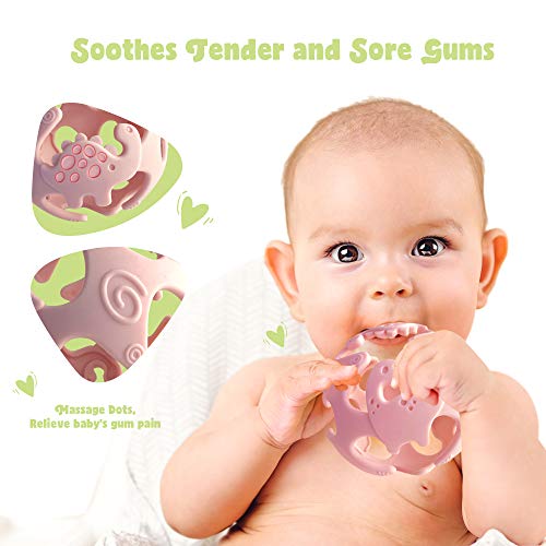 Ashtonbee Dino Baby Teething Toys, Food-Grade Silicone Teethers for Babies, Textured Sensory Balls Teething Toy, Soft and Safe Sensory Chew Toys for Teething Baby, Easy to Clean and Store, Green