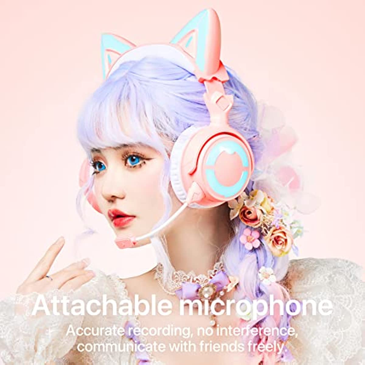 YOWU RGB Cat Ear Headphone 4, Upgraded Wireless & Wired Gaming Headset with Attachable HD Microphone -Active Noise Reduction, Dual-Channel Stereo & Customizable Lighting and Effect via APP (Pink)