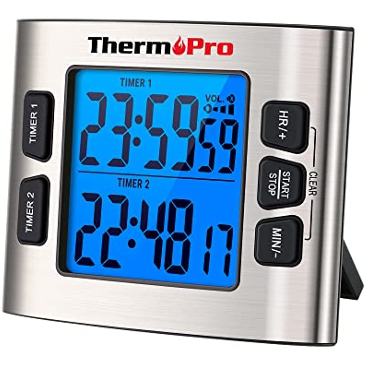 ThermoPro TM02 Digital Kitchen Timer with Dual Countdown Stop Watches Timer/Magnetic Timer Clock with Adjustable Loud Alarm and Backlight LCD Big Digits/ 24 Hour Digital Timer for Kids Teachers