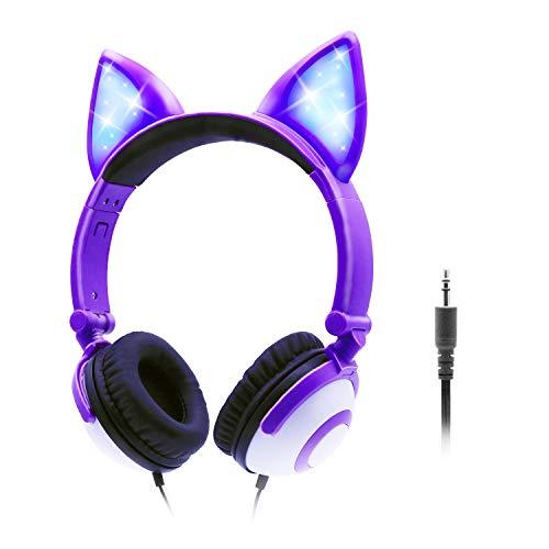 ONTA Kids Headphones with Cute LED Glowing Cat Ears,Foldable, Noise-Canceling and Adjustable Toddlers Headphones for Boys and Girls