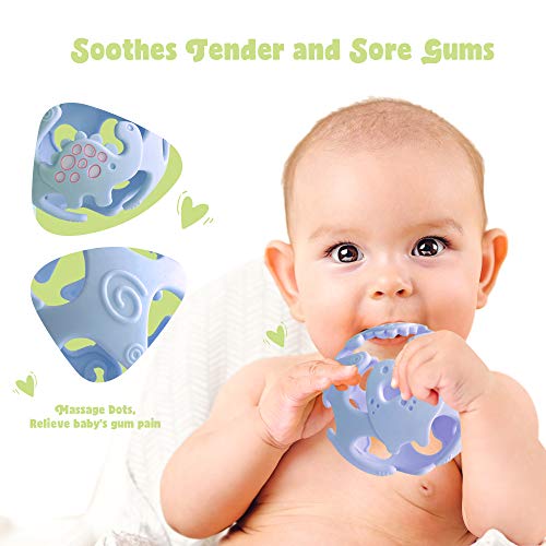 Ashtonbee Dino Baby Teething Toys, Food-Grade Silicone Teethers for Babies, Textured Sensory Balls Teething Toy, Soft and Safe Sensory Chew Toys for Teething Baby, Easy to Clean and Store, Blue