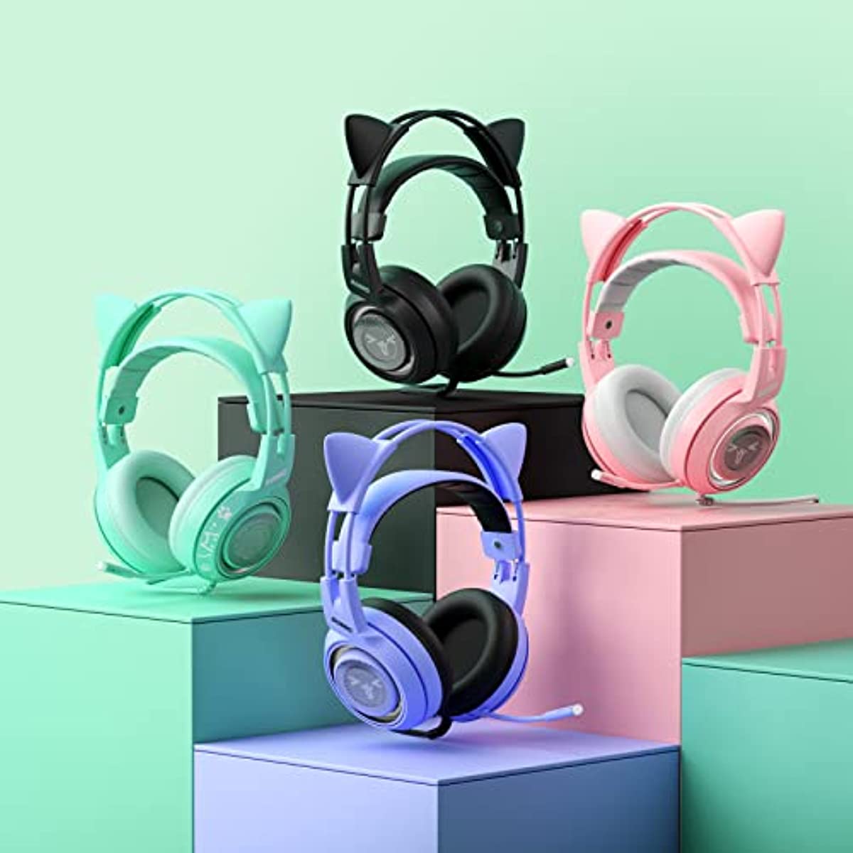 SOMIC G951S Green Gaming Headset with Microphone for PS4, PS5, Xbox One, PC, Cat Ear Headphones Over Ear with in-Line Mic Control, Stereo Sound for Girls, Woman