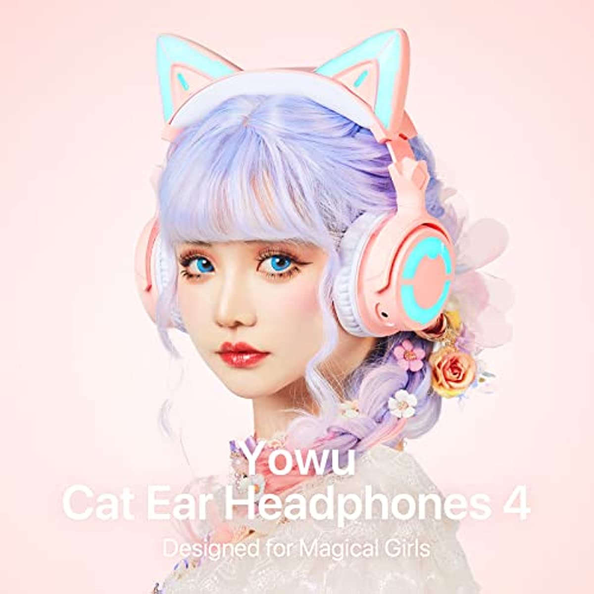 YOWU RGB Cat Ear Headphone 4, Upgraded Wireless & Wired Gaming Headset with Attachable HD Microphone -Active Noise Reduction, Dual-Channel Stereo & Customizable Lighting and Effect via APP (Pink)