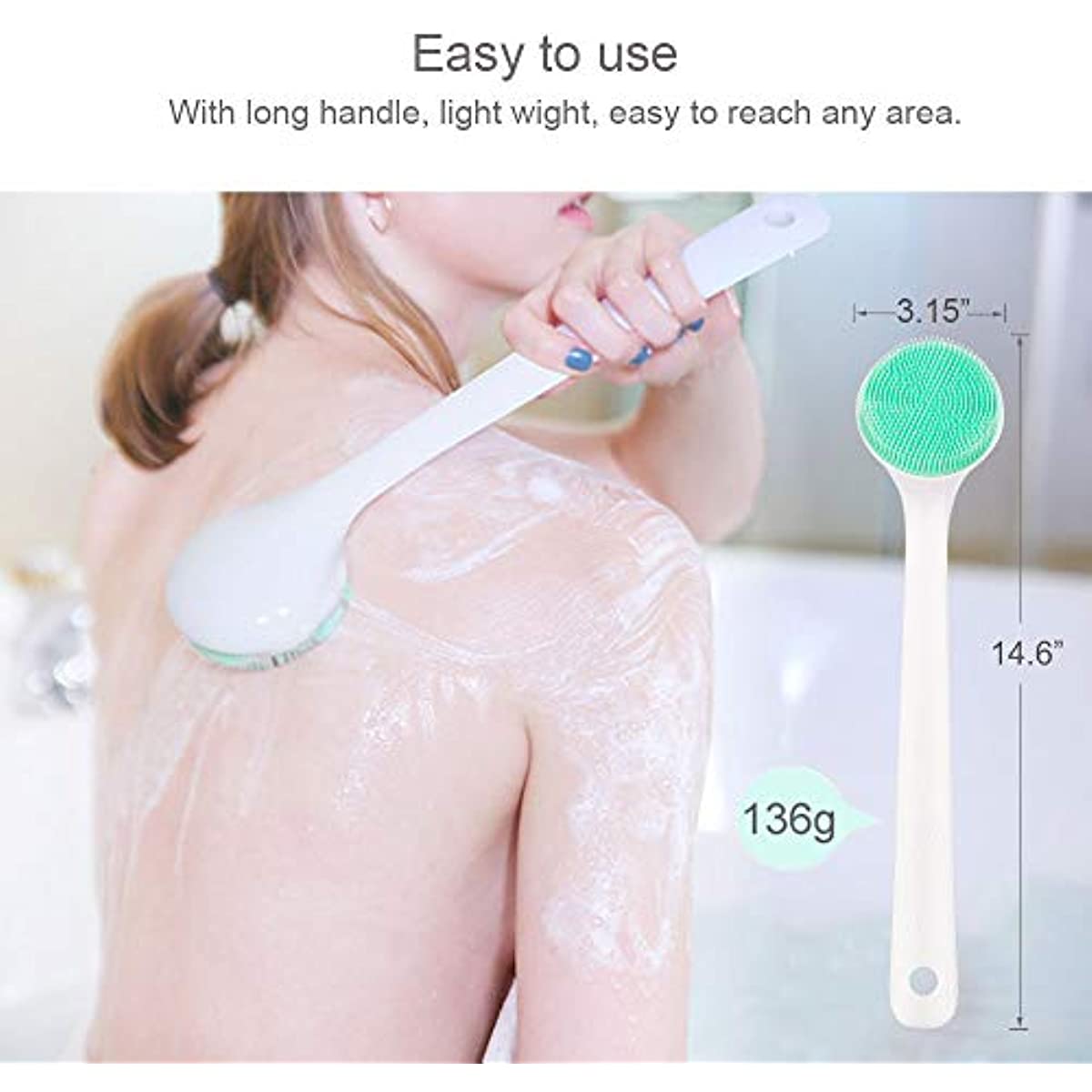 Silicone Body Scrubber Exfoliator, Back Brush Scrubber Long Handle for Shower with Soft Bristles, Shower Brush Scrubber for Body Men and Women, BPA Free, Non-Slip