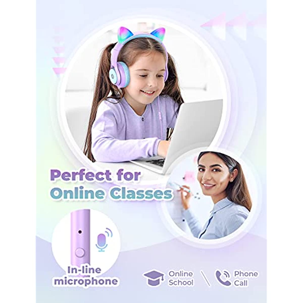 Cat Ear Led Light Up Kids Headphones with Microphone, iClever HS20 Wired Headphones -Shareport- 94dB Volume Limited, Foldable Over-Ear Headphones for Kids/School/iPad/Kids Tablet/Travel (light Purple)