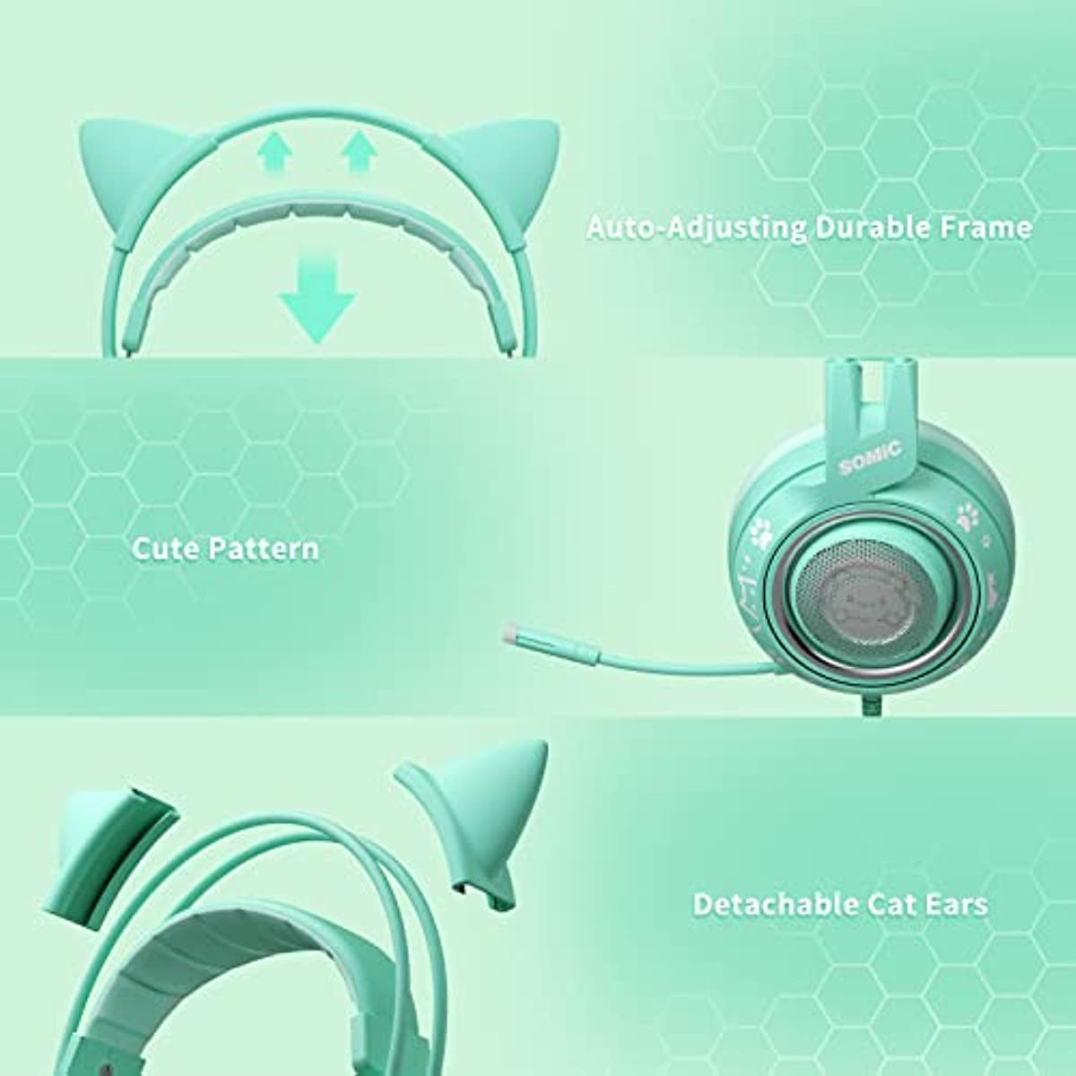 SOMIC G951S Green Gaming Headset with Microphone for PS4, PS5, Xbox One, PC, Cat Ear Headphones Over Ear with in-Line Mic Control, Stereo Sound for Girls, Woman