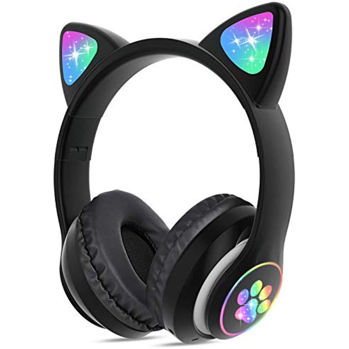 Wireless Headphones TCJJ Cat Ear LED Light Up Bluetooth Foldable Headphones Over Ear w/Microphone for Online Distant Learning (Black)