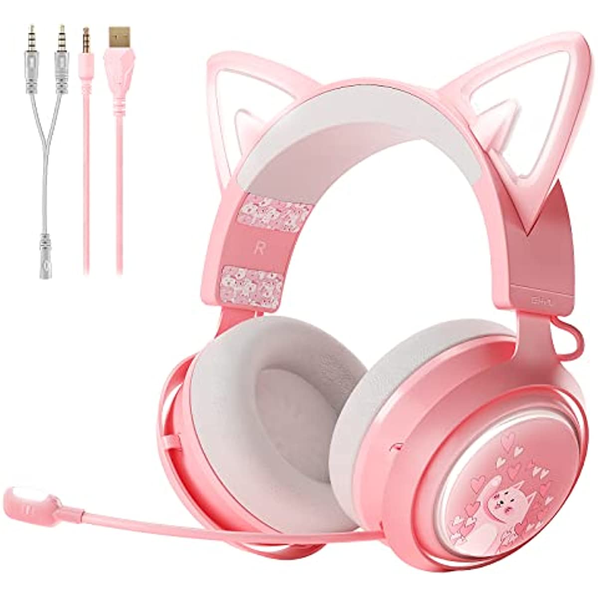 SOMIC GS510 Gaming Headset, Cat Ear Headset PC Gaming Headphones with Retractable Mic Noise Cancelling, Stereo Sound, DIY Face Covers for PC, PS4, PS5, Xbox One (Only White LED Light)