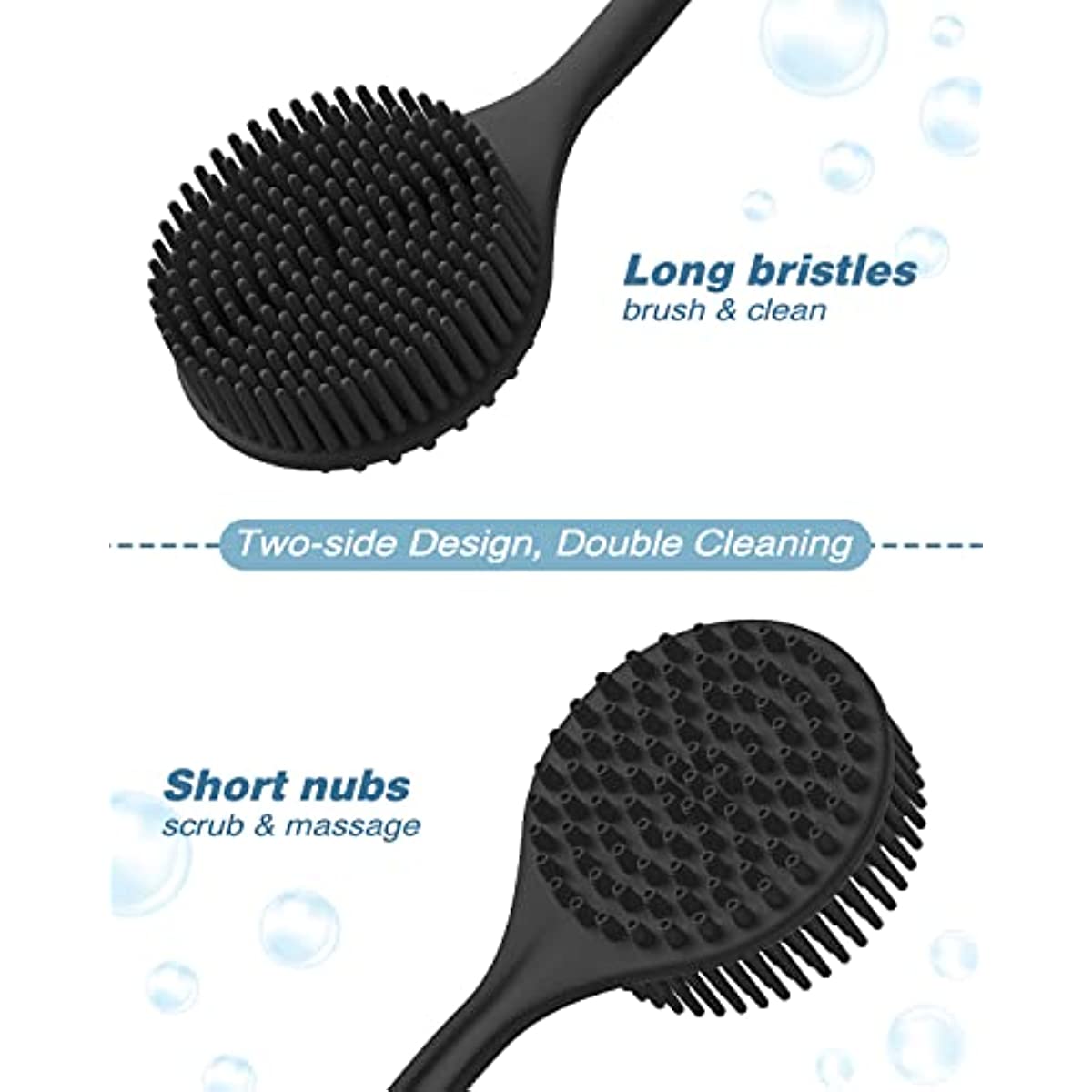 ManmiHealth Silicone Back Scrubber for Shower(New-Version), Body Scrubber with 15'' Long Handle, Light & Easy-to-Hold Shower Brush for Skin Exfoliating and Massaging, Not Good in Lathering.(Black)