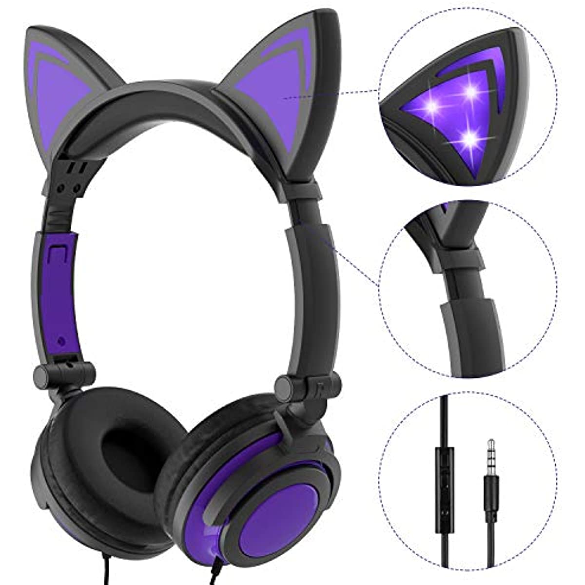 Olyre Wired Kids Headphones,Safe 85db Volume Control On-Ear LED Kitty Headphones with Mic for Kids Boys Girls Children Headset for Computer Tablet iPad Laptop Gamepad (Purple)