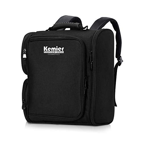Kemier Portable Makeup Organizer with Brush Holder and Multiple Compartments, Professional Makeup Case for Travel, Waterproof Cosmetic Bag, Multiuse Makeup Bag Backpack and Travel Makeup Train Case