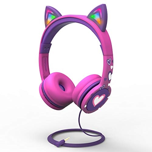 FosPower Kids Headphones with LED Cat Ears, 3.5mm On-Ear Wired Headset with Laced Cables for iPad/Smartphones/PC/Kindle/Tablet/Laptop/School (Max Volume 85dB) - Hot Pink/Purple