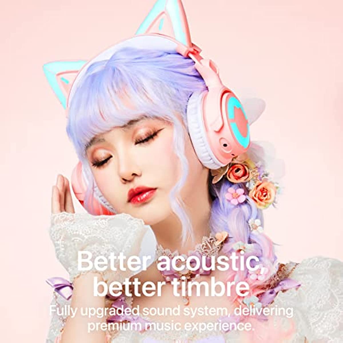 YOWU RGB Cat Ear Headphone 4, Upgraded Wireless & Wired Gaming Headset with Attachable HD Microphone -Active Noise Reduction, Dual-Channel Stereo & Customizable Lighting and Effect via APP (Pink)
