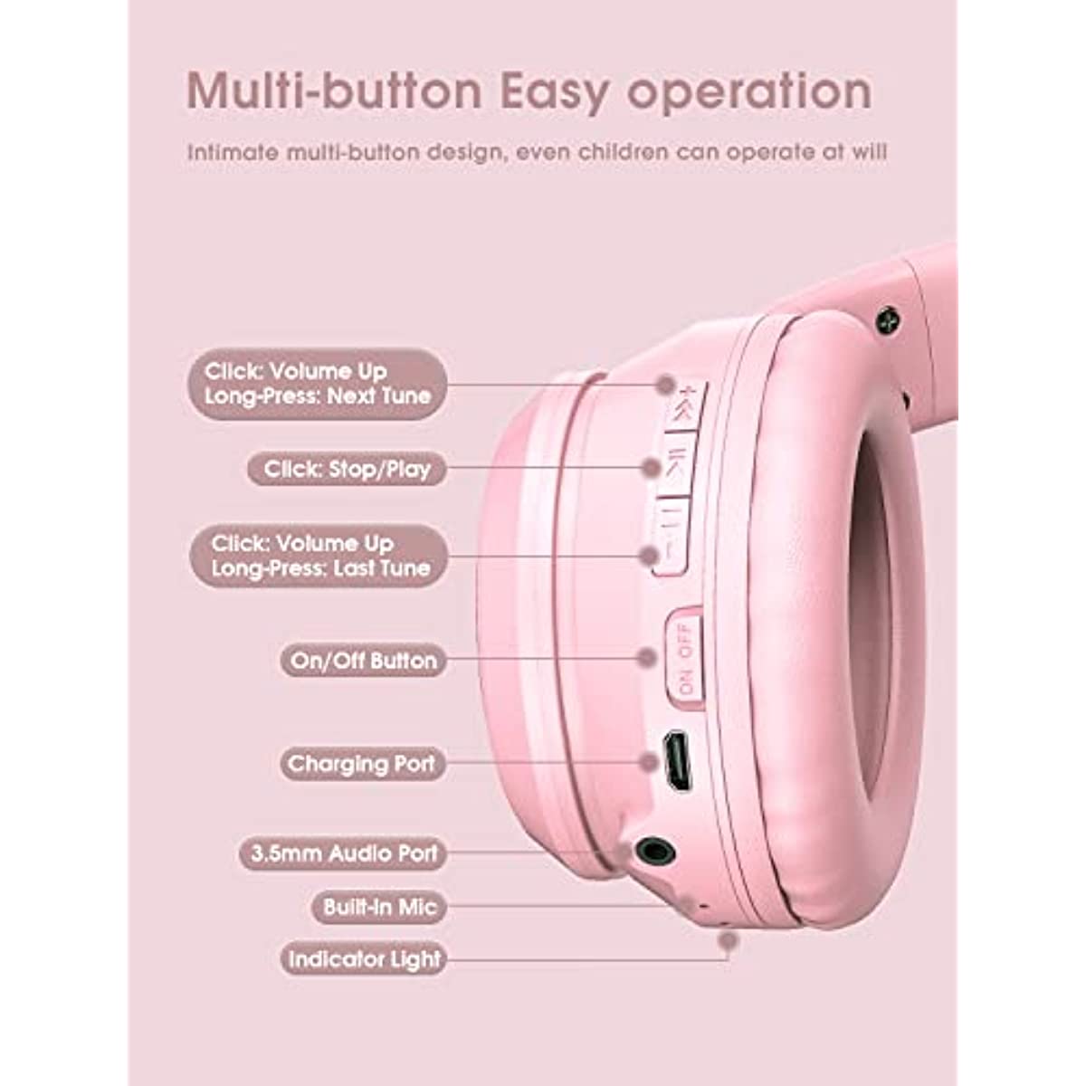 ONITOON Cat Ear Bluetooth Headphones with Micphone for Kids & Adults, LED Light Up Wireless HI-FI Sound Quality, Over-Ear Headphones with Volume Control for iPhone/iPad/Laptop/PC(55H Play Time)