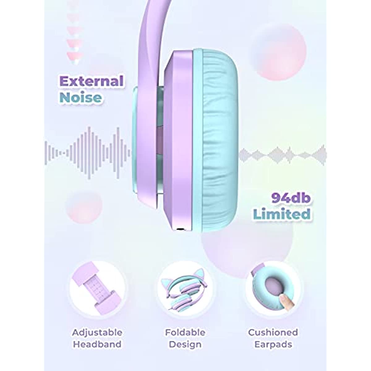 Cat Ear Led Light Up Kids Headphones with Microphone, iClever HS20 Wired Headphones -Shareport- 94dB Volume Limited, Foldable Over-Ear Headphones for Kids/School/iPad/Kids Tablet/Travel (light Purple)