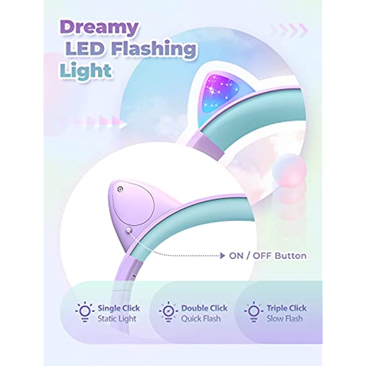 Cat Ear Led Light Up Kids Headphones with Microphone, iClever HS20 Wired Headphones -Shareport- 94dB Volume Limited, Foldable Over-Ear Headphones for Kids/School/iPad/Kids Tablet/Travel (light Purple)