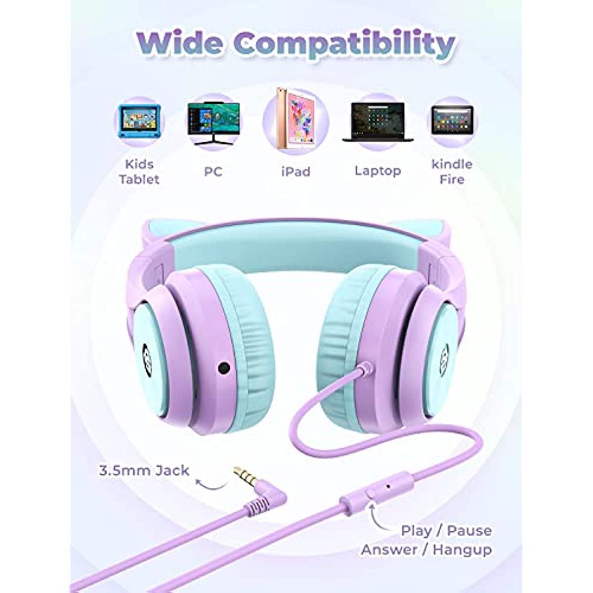 Cat Ear Led Light Up Kids Headphones with Microphone, iClever HS20 Wired Headphones -Shareport- 94dB Volume Limited, Foldable Over-Ear Headphones for Kids/School/iPad/Kids Tablet/Travel (light Purple)