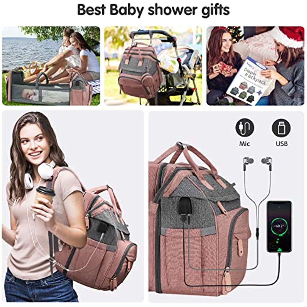 DERJUNSTAR Baby Diaper Bag Backpack, Diaper Changing Station, Baby Bags for Boys Girls,Waterproof Changing Pad,USB Charging Port,Pacifier Case, Sunshade and Toy Bar, Pale Pink