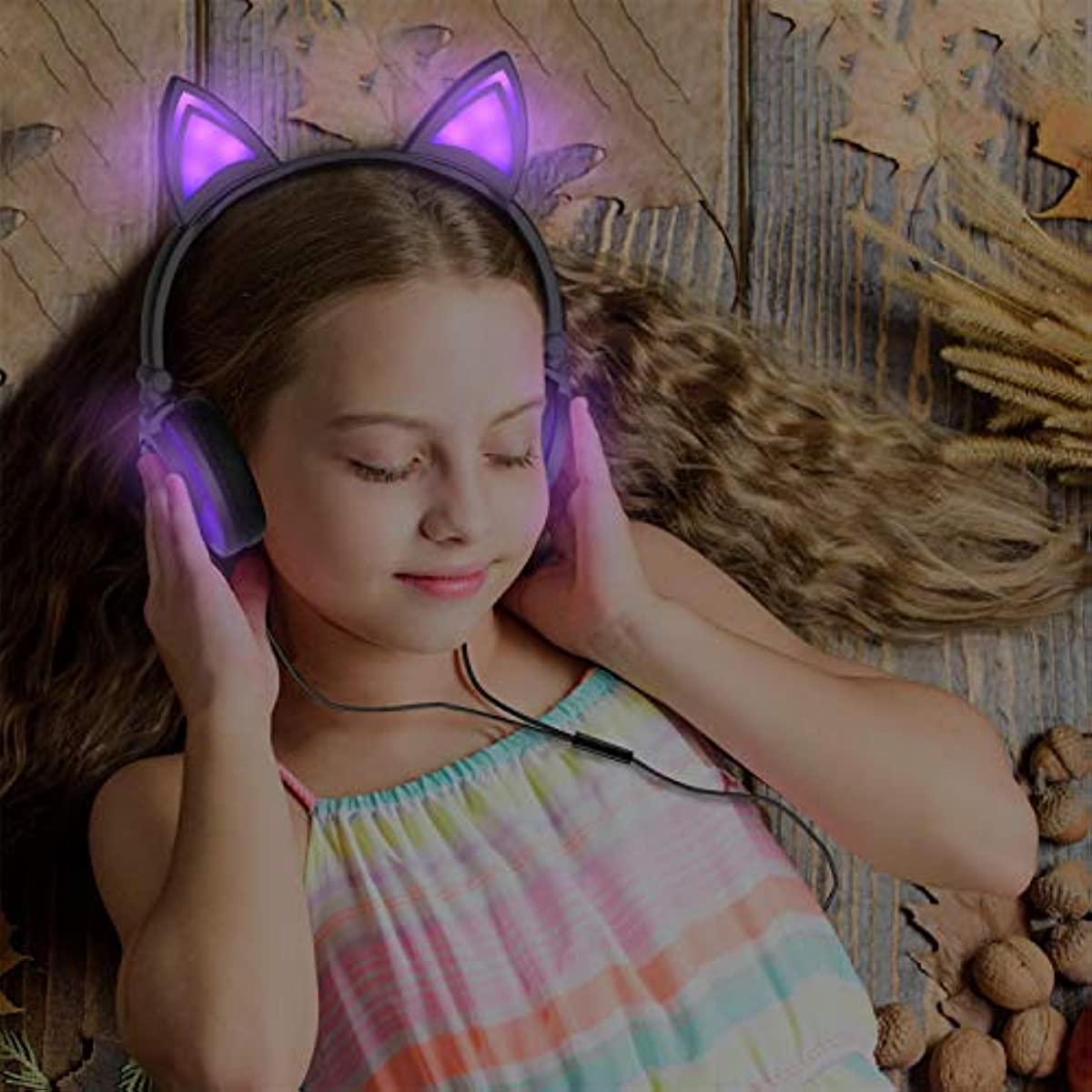 Olyre Wired Kids Headphones,Safe 85db Volume Control On-Ear LED Kitty Headphones with Mic for Kids Boys Girls Children Headset for Computer Tablet iPad Laptop Gamepad (Purple)