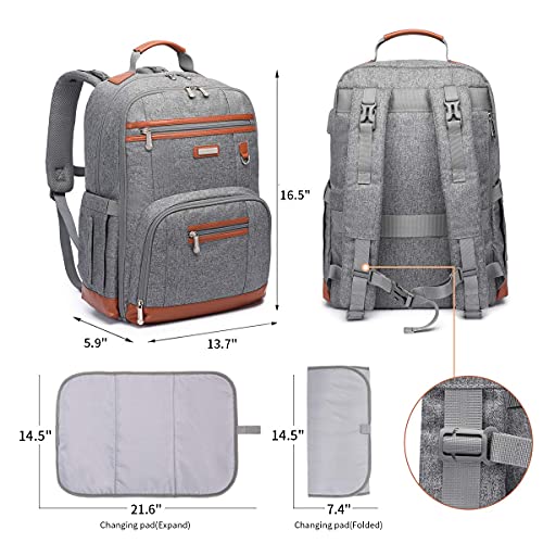 BILLITON MASHI Diaper Bag Backpack, Large Baby Nappy Bags with Portable Changing Pad for Boys and GirlsMultifunction Travel Baby Bag for Moms Dads, Shower Gifts Waterproof and Stylish, Grey