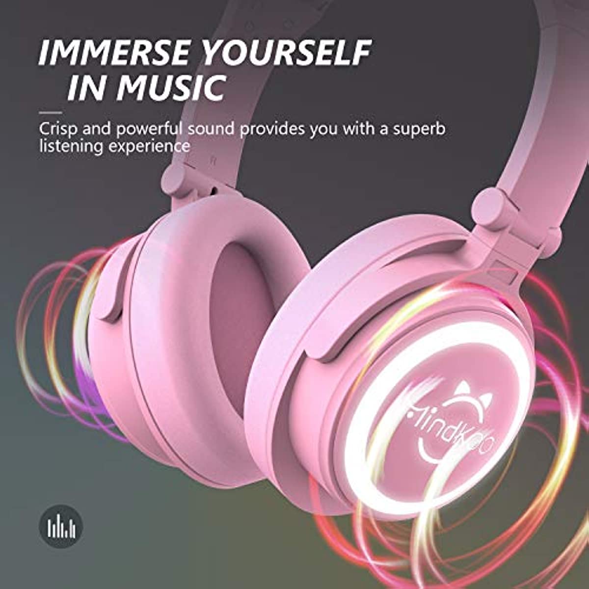 Mindkoo Cat Ear Bluetooth Headphones Pink, LED Light Up Over Ear Wireless Headphones with Microphone, Comfort Foldable Headset for Kids & Adults