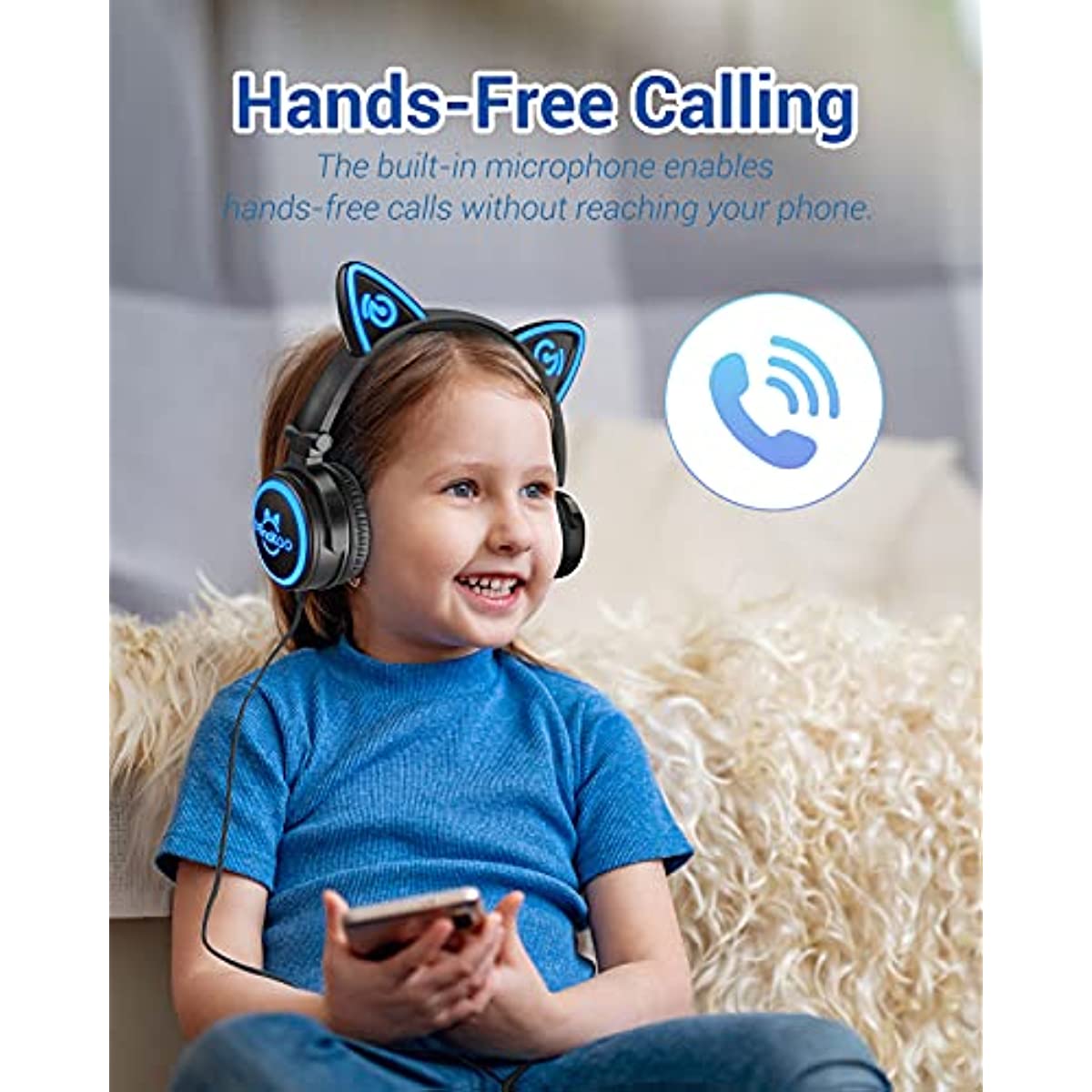 MindKoo Cat Ear Bluetooth Headphones with Microphone, LED Light Up Over Ear Headphones, Volume Control and Foldable Headset for Tablet/PC/iPad/Cell Phones, Gift for Kids Boys & Girls